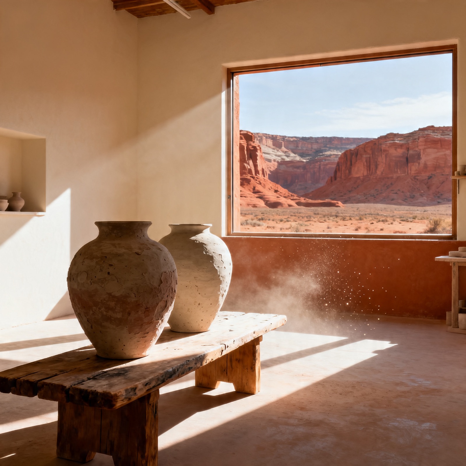 Clé Atelier desert studio interior with large handbuilt ceramic vessels, Utah red rock visible through the window