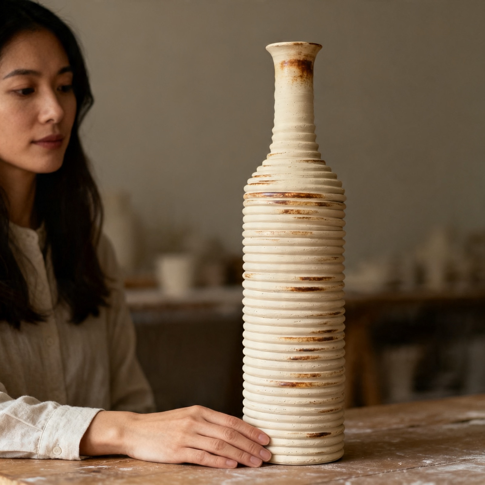 Hand for scale next to large handbuilt vessel