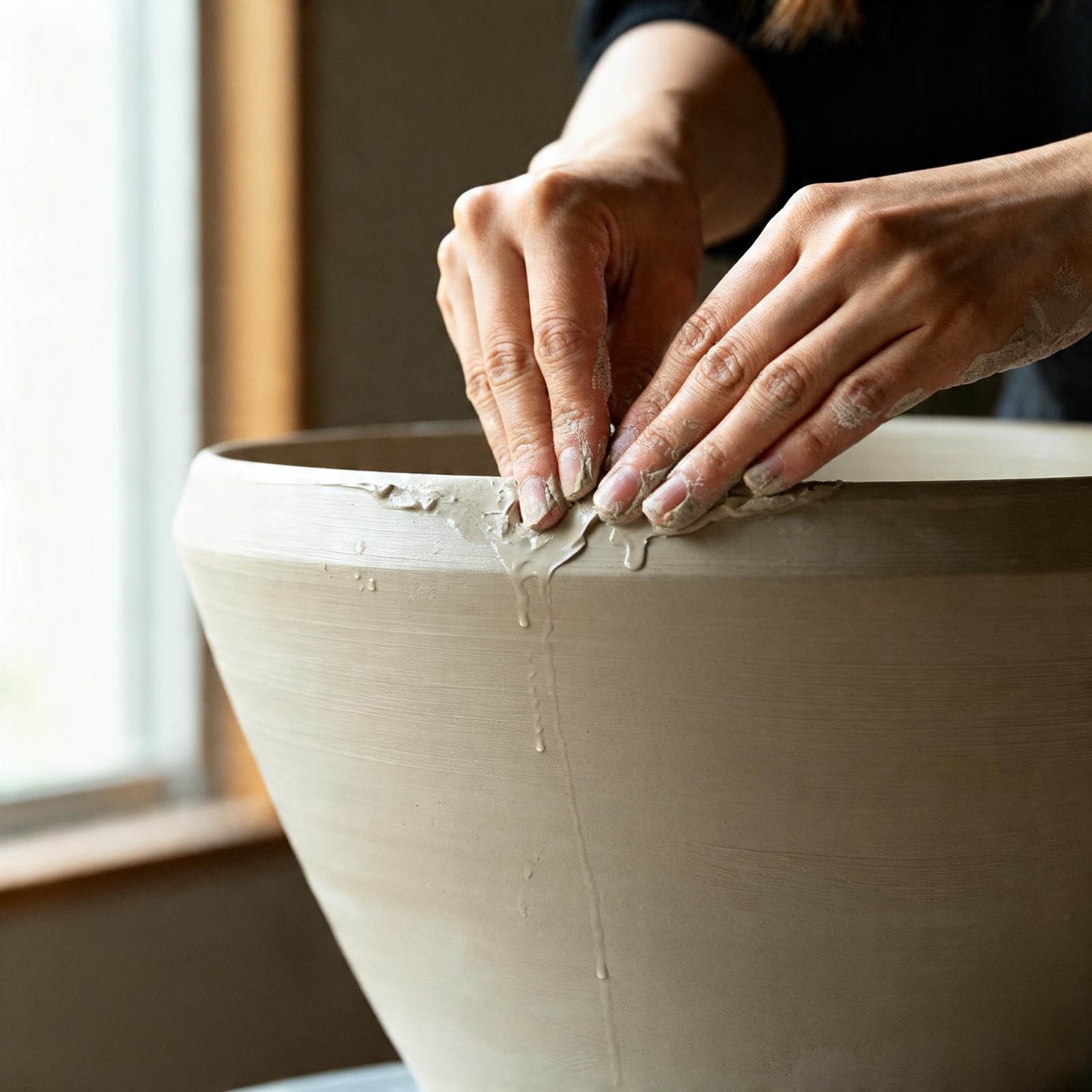Hands shaping wet clay on a handbuilt vessel