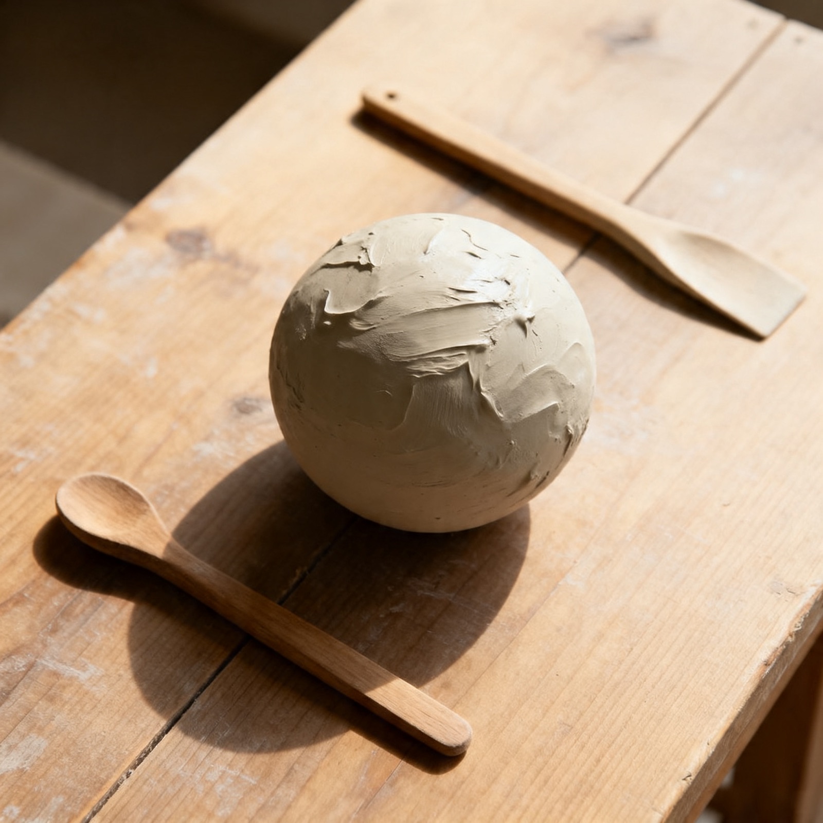 Ball of stoneware clay on wooden workbench